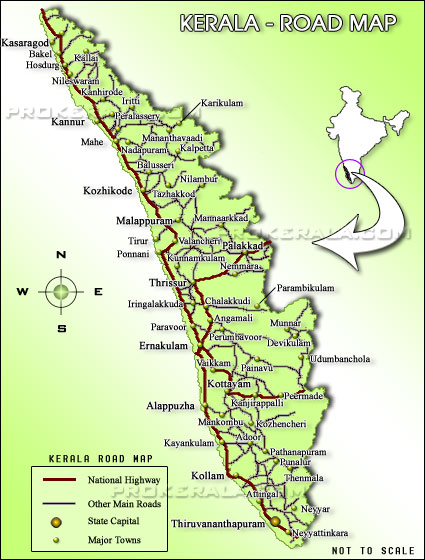 Kerala Road Map - Roads of Kerala, Main roads, National highways of Kerala, Kerala travel Map, Road distance map of Kerala