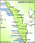 Kerala map showing all the beaches of Kerala, Kerala beaches map
