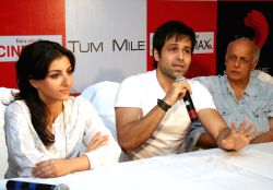 Soha Ali Khan, Imran Hasmi and Mahesh Bhatt in the press meet of their new film 'Tum Mile' in a city multiplex in Kolkata on Friday.