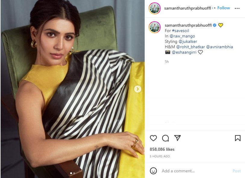 Samantha Ruth Prabhu looks exquisite in a yellow and black striped saree - Vimarsana News