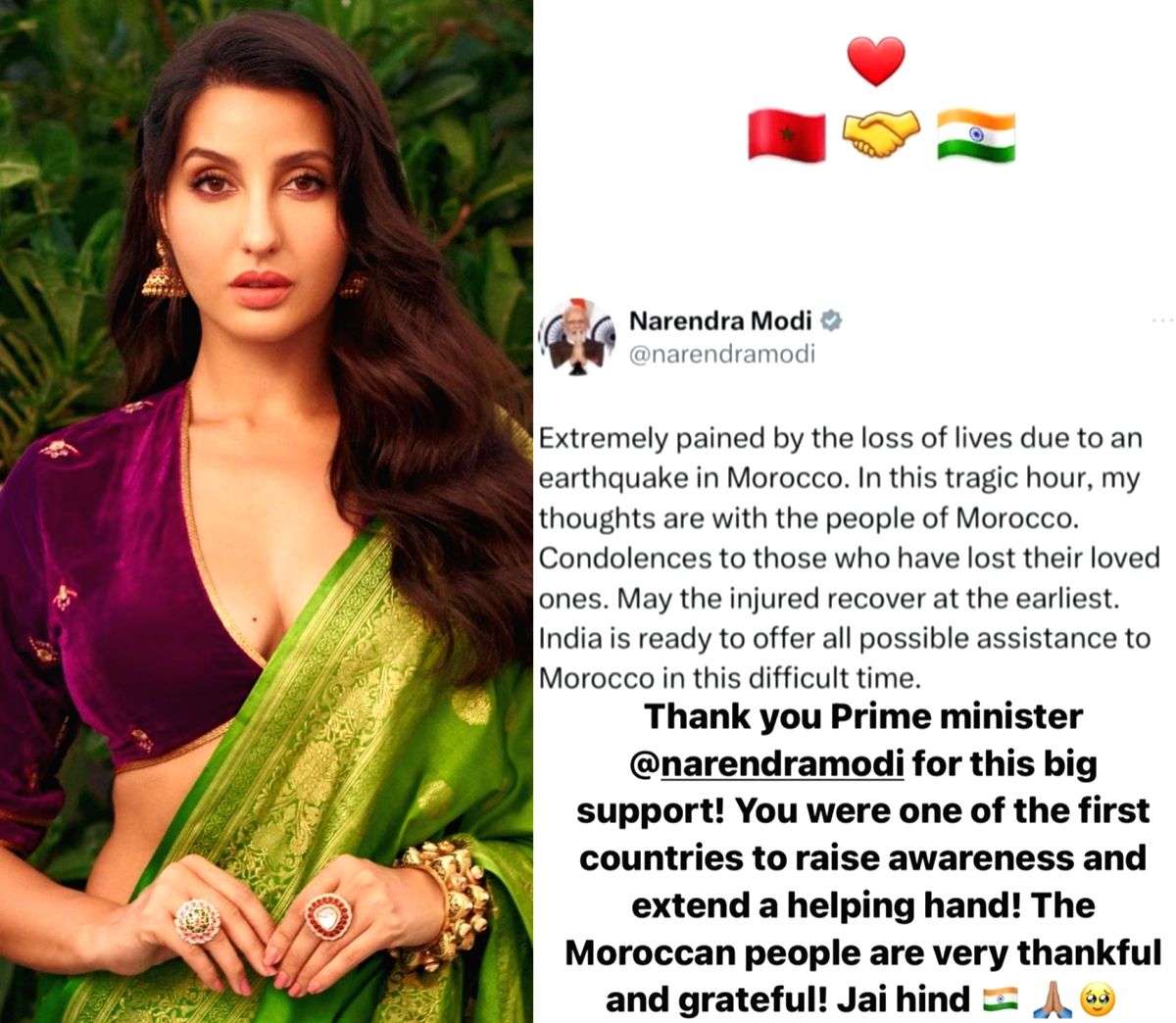 Nora Fatehi thanks PM Modi for his support to quake-hit Morocco: 'Moroccans are grateful' - Vimarsana News