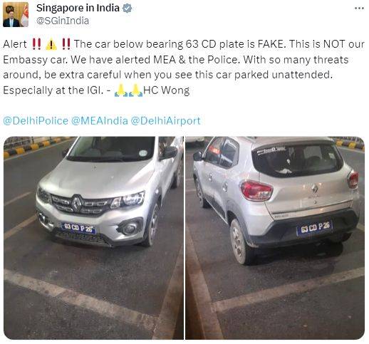 Singapore High Commissioner raises concerns over car with fake 'CD' number plate at Delhi airport; case filed - Vimarsana News