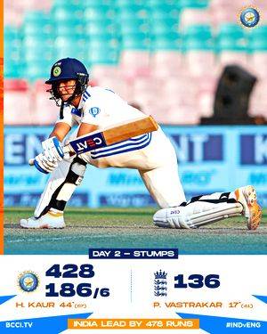 IND w v ENG W: Deepti's 5-7; Harman's 44* help India take control as 19 wickets fall on Day 2 - Vimarsana News