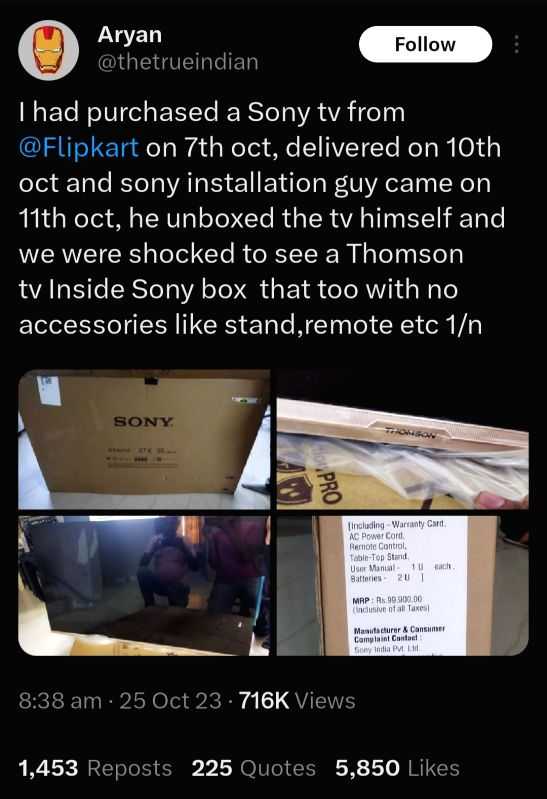 Man buys Rs 1 lakh Sony TV from Flipkart, gets Thomson TV inside box - Vimarsana News