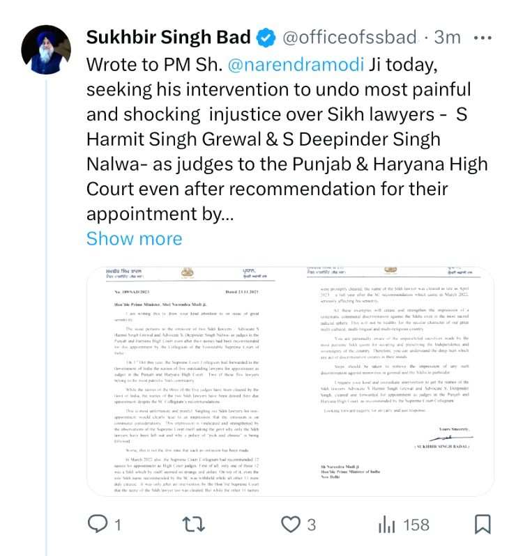 Sukhbir seeks PM Modi's intervention in appointment of Sikhs as judge - Vimarsana News