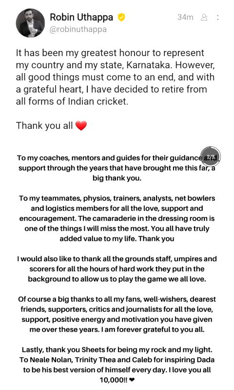 T20 WC winner Robin Uthappa announces retirement from all forms of Indian cricket (Ld) - Vimarsana News